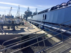 FIRST OF ITS KIND: The Harvey Energy bunkering at Port Fourchon, where Harvey Gulf has opened North America’s first LNG fueling terminal. Total onsite LNG storage is 270, 000 gallons. (Photo by Harvey Gulf)