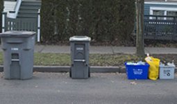 Garbage and Green bins, recycling boxes, and recycling bags